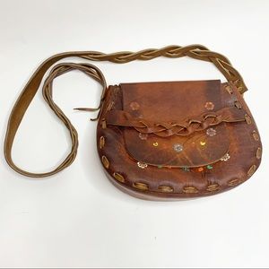 Vintage Boho Leather Floral Purse Braided Strap